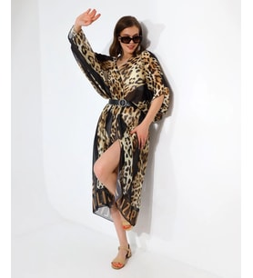 LUVORİA Kadın Leopar Şifon Kimono Rahat Kesim