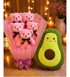 Ayıcık Buketi + Avokado Peluş Sevgiliye Tatlı Hediye Romantik & Trend Sürpriz