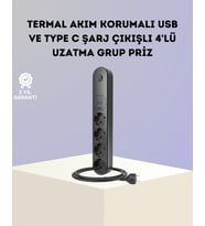 Akım Korumalı Çoklu Priz 4’lü 2 USB 1 Type-C 2500W Güçlü Tasarım