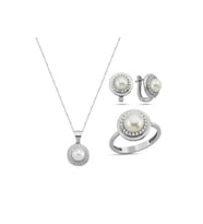Doğal İnci Küpe Kolye Yüzük Üçlü Set (Beyaz)