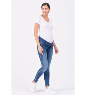 Busa Hamile Kot Pantolon Skinny ( Leoparlı Yan Şerit ) Mavi