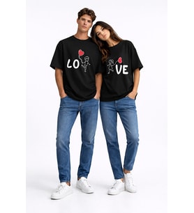 Sevgili Kombini Love Baskılı Çift Tişört Oversize Unisex Partner Kombin Seti (Siyah)