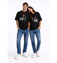 Sevgili Kombini Love Baskılı Çift Tişört Oversize Unisex Partner Kombin Seti (Siyah)