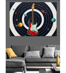 Gitar Çevresinde Müzik Notaları Dekoratif Kanvas - Mdf Ahşap Tablo