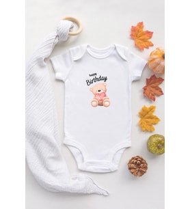 Organik %100 Pamuk Uzun Kollu Beyaz Happy Birthday Bebek Body Bebek Badi Çıtçıtlı Zıbın