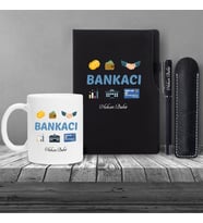 Kişiye Özel Bankacı Temalı Siyah Defter & Siyah Roller Kalem ve Kupa Set 2