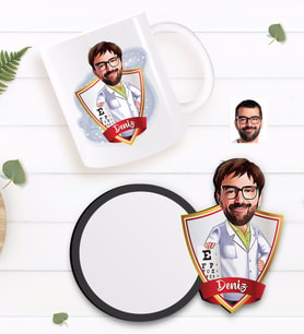 BK Gift Kişiye Özel Erkek Göz Doktoru Karikatürlü Beyaz Kupa ve Ahşap Bardak Altlığı Hediye Seti-1