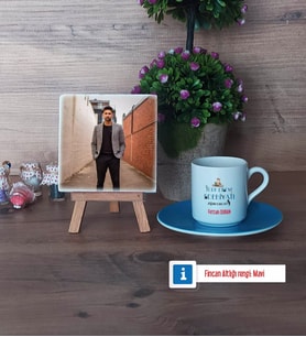 Erkek Türk Dili ve Edebiyatı Öğretmenine Hediye Fotoğraflı Dekoratif Taş, Ahşap Altlıklı Türk Kahvesi Fincanı Hediye (Model 5)