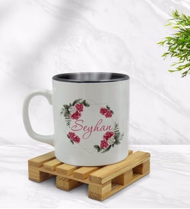 BK Gift Kişiye Özel Çiçek Tasarımlı İçi Siyah Renkli Kupa Bardak Model 15