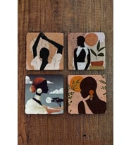 Doğal Taş Bardak Altlığı 4'lü Set - Kadın Figürleri Desenli - Stone Coasters