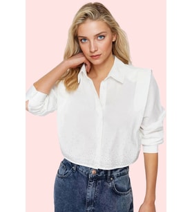 Kadın Terrycotton Dokuma Crop Gömlek Yaka Düz Desen Günlük ve Şık Kombinler İçin Hafta Sonu (Ekru)