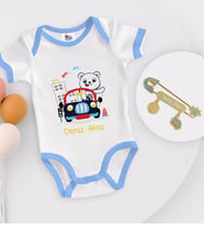 BK Kids Kişiye Özel Sevimli Sürücü Tasarımlı Mavi Bebek Body Zıbın ve Erkek Bebek İğnesi Hediye Seti-1