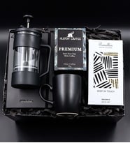 Kişiye Özel Siyah Defter & Siyah French Press & Alerya Premium Filtre Kahve & Siyah Kupa & Pomellos Kolonya Hediye Seti