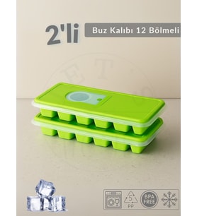 2'li Set Buz Kalıbı 12 Bölmeli Esnek Silikon Buz Küpü BPA FREE Kare Bas Parmak Buzluk 3x3 cm Yeşil