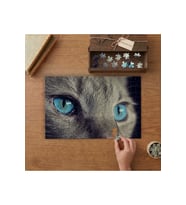 Mavi Gözlü Gri Kedi Tasarımı 240 parça Ahşap Puzzle Ahşap Kutuda MP04340