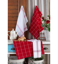 4'lü Mutfak Havlusu Seti & Alman Peçetesi 50x70 Cm % 100 Pamuk Ve Yıkanmış Büyük Kareli Kırmızı