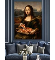 Pizza Yiyen Mona Lisa Portresi Dekoratif Kanvas - Mdf Ahşap Tablo