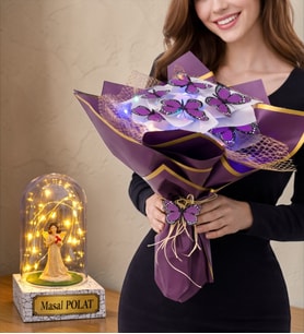 Size Özel Led Işıklı Fanus ve Renkli Led Işıklı Kelebek Buketi (Model 6)