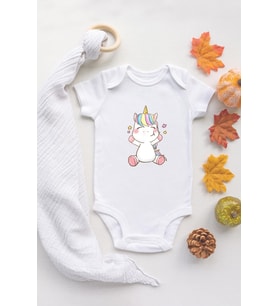 Unisex Bebek Unicorn Baskılı Beyaz Çıtçıtlı Body