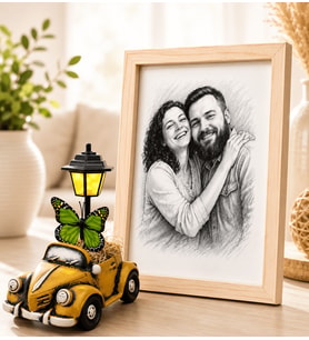 Kişiye Özel Karakalem Fotoğraflı Ahşap Çerçeveli Hardal Vosvos Masa Lambası