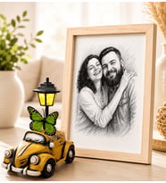 Kişiye Özel Karakalem Fotoğraflı Ahşap Çerçeveli Hardal Vosvos Masa Lambası