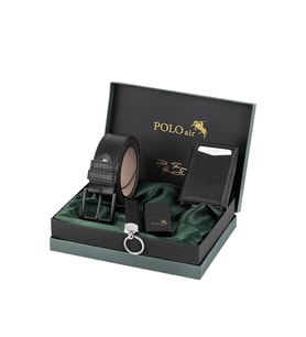 Polo Air Mıknatıslı Otomatik Mekanizmalı Cüzdan Kemer Çakmak Anahtarlık Erkek Kombin Seti Siyah Renk CHM-06-S