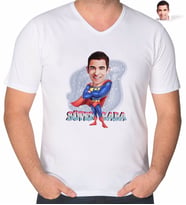 BK Gift Kişiye Özel Süper Baba Karikatürlü V Yaka Tişört-1 (Beyaz)
