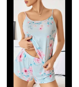 Fantezia Night Kadın Bebek Mavisi Çiçek Desenli Askılı Şortlu Pijama Takım 5011