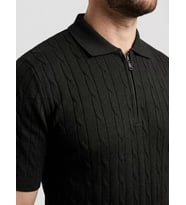 Erkek Yazlık Triko Saç Örgü Tişört Kısa Kol Polo Yaka Fermuarlı T-Shirt - Siyah