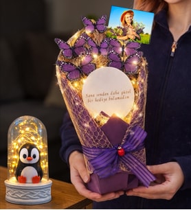 Size Özel Fotoğraflı Led Işıklı Aynalı Kelebek Buketi & Led Işıklı Fanuslu (Model 9)