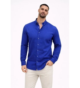Erkek KETEN Kumaş Oversize Uzun Kollu Rahat Kalıp Gömlek - Saks Mavisi
