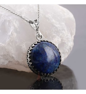 Doğal Lapis Lazuli Taşı Yuvarlak Kesim 925 Ayar Gümüş Zikzak İşlemeli Kolye
