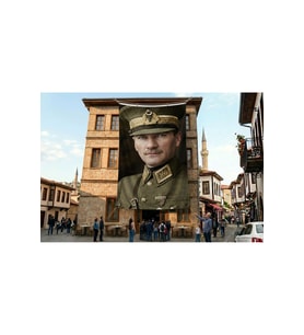 Üniformalı Atatürk Portresi Yakın Çekim Poster Bayrak Premium Raşel Kumaş ATA66