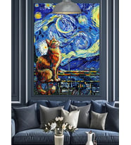 Van Gogh Temalı Manzara Ve Kedi Dekoratif Kanvas - Mdf Ahşap Tablo