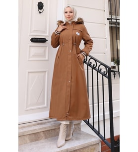 Arma Detaylı Kapşonlu Mont Taba 19268