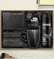 Kişiye Özel Benzinli Çakmak & Axe Deodorant & Erkek Cüzdan & Kartlık & Siyah Kupa Hediye Seti
