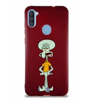 Samsung Galaxy A11 Soft Premier Kapak Squidward Dokunaç Tasarımlı Silikon Kılıf - Mürdüm (Şeffaf)