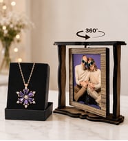 Kişiye Özel 2 Fotoğraflı Dönen Ahşap Çerçeve ve Gerçek Ametist Taşlı Lotus Çiçeği Kolyesi
