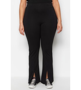 Kadın Moda Büyük Beden İspanyol Paça Uzun Boy Örme Skinny Yüksek Bel Paçası Fermuarlı Örme Pantolon