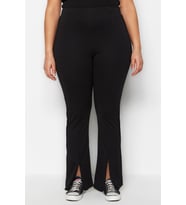 Kadın Moda Büyük Beden İspanyol Paça Uzun Boy Örme Skinny Yüksek Bel Paçası Fermuarlı Örme Pantolon