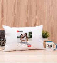 Kişiye Özel Youtube Tasarım Fotoğraflı Dikdörtgen Yastık ve Mavi Kupa