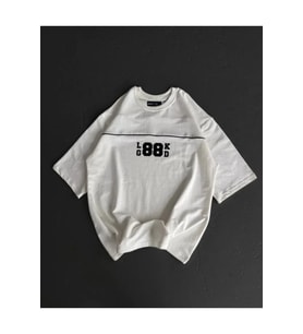 Unisex Bisiklet Yaka Baskılı Oversize T-Shirt - Beyaz