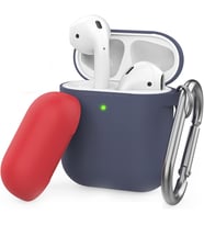 AirPods 1–2 Nesil Uyumlu Silikon Kılıf – İnce Darbe Emici Yapı, Karabinalı Metal Klips, Kablosuz Şarj ve LED Gösterge Uyumlu, Yedek Üst Kapak Hediyeli Lacivert Mavi