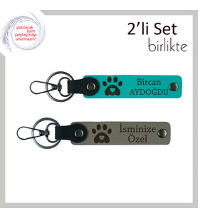 Kedi Seven Eşe Duygu Dolu Hediye, Pati Kalpli Kişisel Anahtarlık Takımı, Koyu Turkuaz-Kül Gri