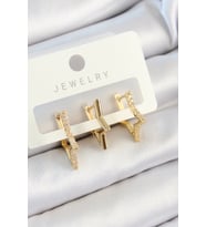 Pirinç Zirkon Taşlı Yıldız Model Gold Renk 3'lü Çift Kadın Küpe Set (Altın)