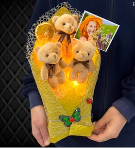 Led Işıklı Fotoğraflı Kahverengi Ayıcıklı Büyük Boy Peluş Ayıcık Buketi (Model 3)