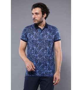 Çiçek Desenli Mavi Polo Yaka T-shirt  Wessi