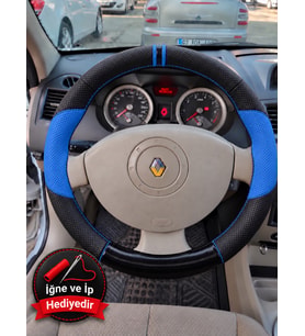 Renault Kangoo 2 Dikme Direksiyon Kılıfı Delikli Deri Parlak Siyah Mavi Detay Çift Yüzük ve Dikiş 2008-2012