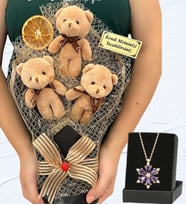 Kişiye Özel Büyük Boy 3'lü Peluş Ayıcık Buketi ve Gerçek Ametist Taşlı Lotus Kolye (Model 5)