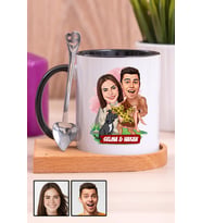 Çiftlere Özel Komik Hediye Karikatürlü Ahşap Altlıklı Siyah Kupa Bardak